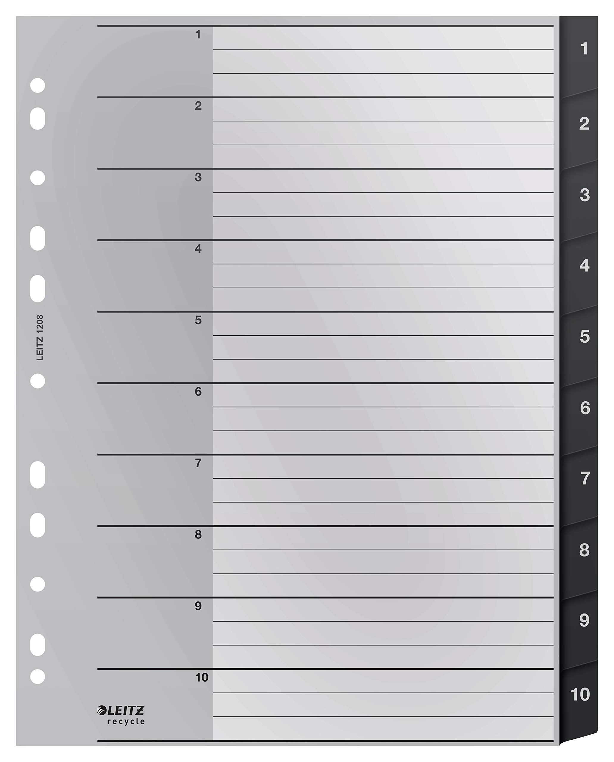 Leitz Index Folder Divider, 1-10 Numerical Tabs, A4, Extra Wide, 90% Recycled Plastic, Eco Friendly, Premium Quality, Recycle Range, 12080095, Black