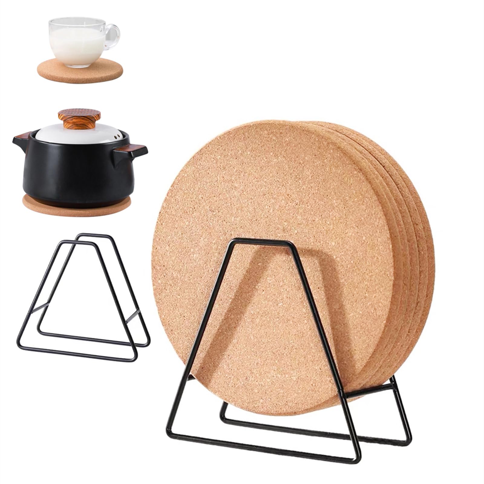 Gocoffun Cork Trivet, 5 Pack 7.5inches Round Coasters with Holders, Extra Thick Cork Trivets Reusable for Hot Pot and Hot Dishes