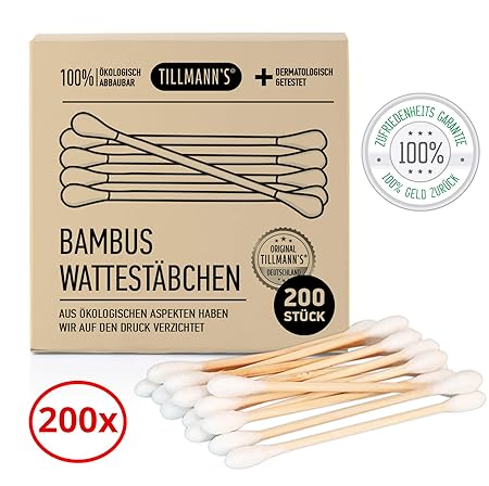Wattestäbchen Bambus | 100% nachhaltig & umweltfreundlich | Aus reiner Baumwolle & Bambus | 200 Stück |Für Kinder & Erwachsen