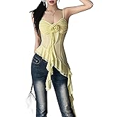 BAIMORE Women's Sexy Sheer Mesh V Neck Backless 3D Rosette Irregular Ruffle Cami Top