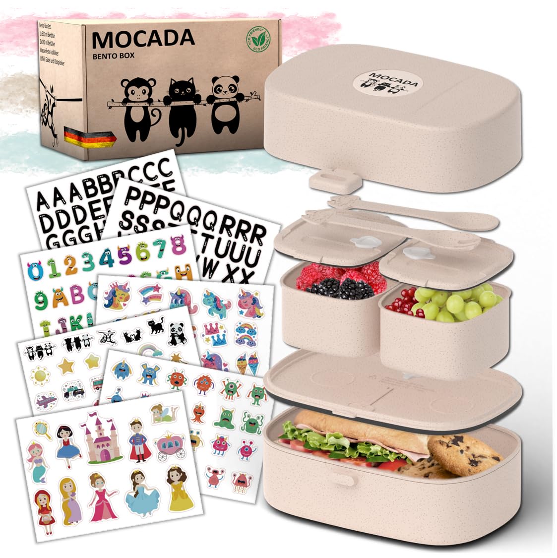 MOCADA® Bento Box for Children Includes 216-Piece Sticker Set - BPA Free - Leak-proof Lunch Box with Cutlery & Compartments - Sustainable Non-Toxic Lunch Box for Nursery, School & Trips (Beige)