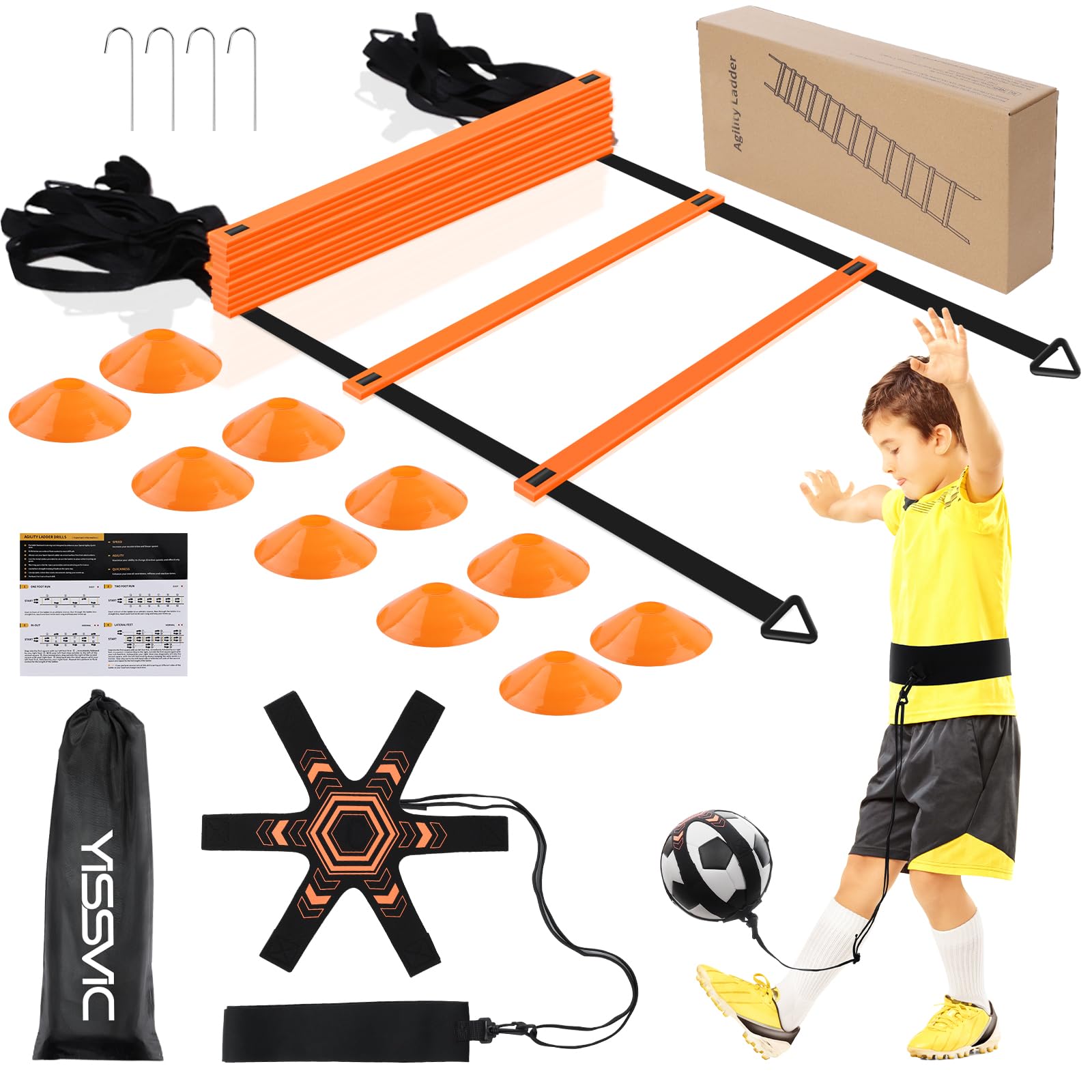 YISSVIC Football Training Equipment Speed Agility Ladder Football Kick Trainer Set 6M 12-Rung with 10 Cones and 4 Stakes for Kids Children