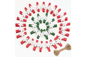 jijAcraft 50 Pcs Christmas Clips Red Green Snowflake Christmas Wooden Clothespins with 32 Feet Jute Twine, Mini Wood Clothespins for Hanging Clip Photos Party Favors Home School Art Craft Decor