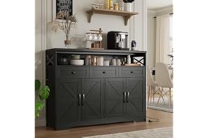 FIVEWILLOWISE 51" Black Buffet Sideboard Cabinet with Storage, Farmhouse Kitchen Storage Pantry Cabinet with Drawers, Wood Cupboard Hutch, Coffee Bar Station Table for Kitchen, Living Room, Dining Room
