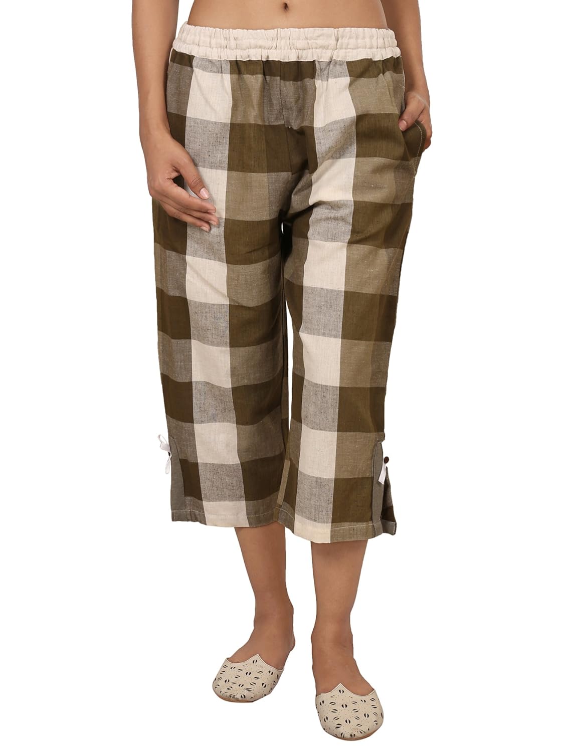 9teenagain women's cotton checkered capri (olive green)