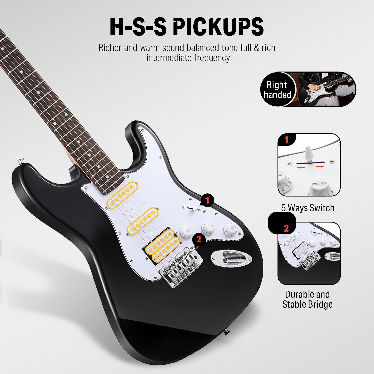 Donner DST-100B Kit para principiantes de guitarra eléctrica de 39 pulgadas, cuerpo sólido, tamaño completo, HSS negro para principiantes, con amplificador, bolsa, afinador digital, cejilla, correa, cuerda, cable, púas