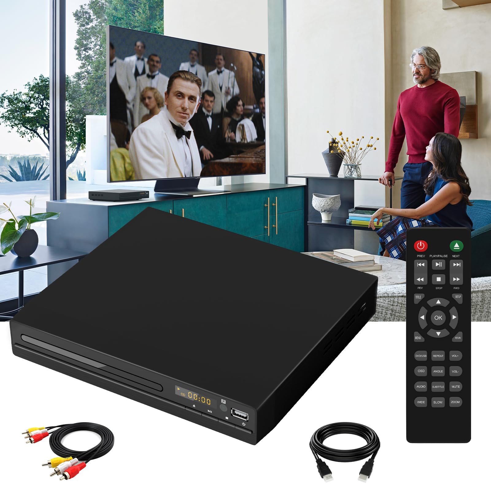 DVD Player, HDMI Region Free DVD Players for Smart TV, 1080P Upscaling, USB Input, HDMI/RCA Output Cable Included, Breakpoint Memory, Built-in PAL/NTSC, CD Players for Home