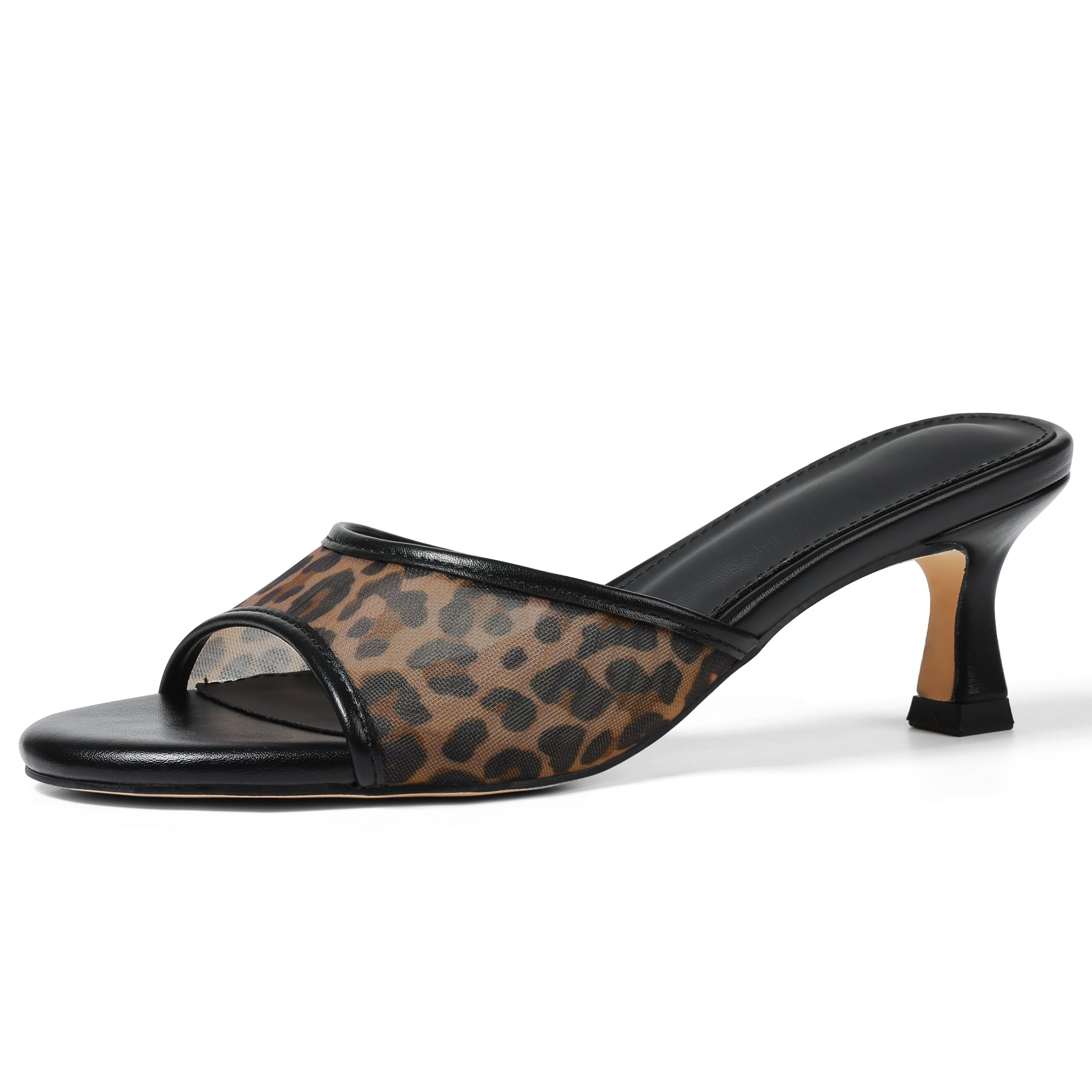 Photo 1 of VOMIRA Heeled Sandals for Women Round Open Toe Slip On Kitten Heels Slides Sandals Leopard Mesh Black Heels Summer Party Dressy Heels Stiletto Slingback Heels