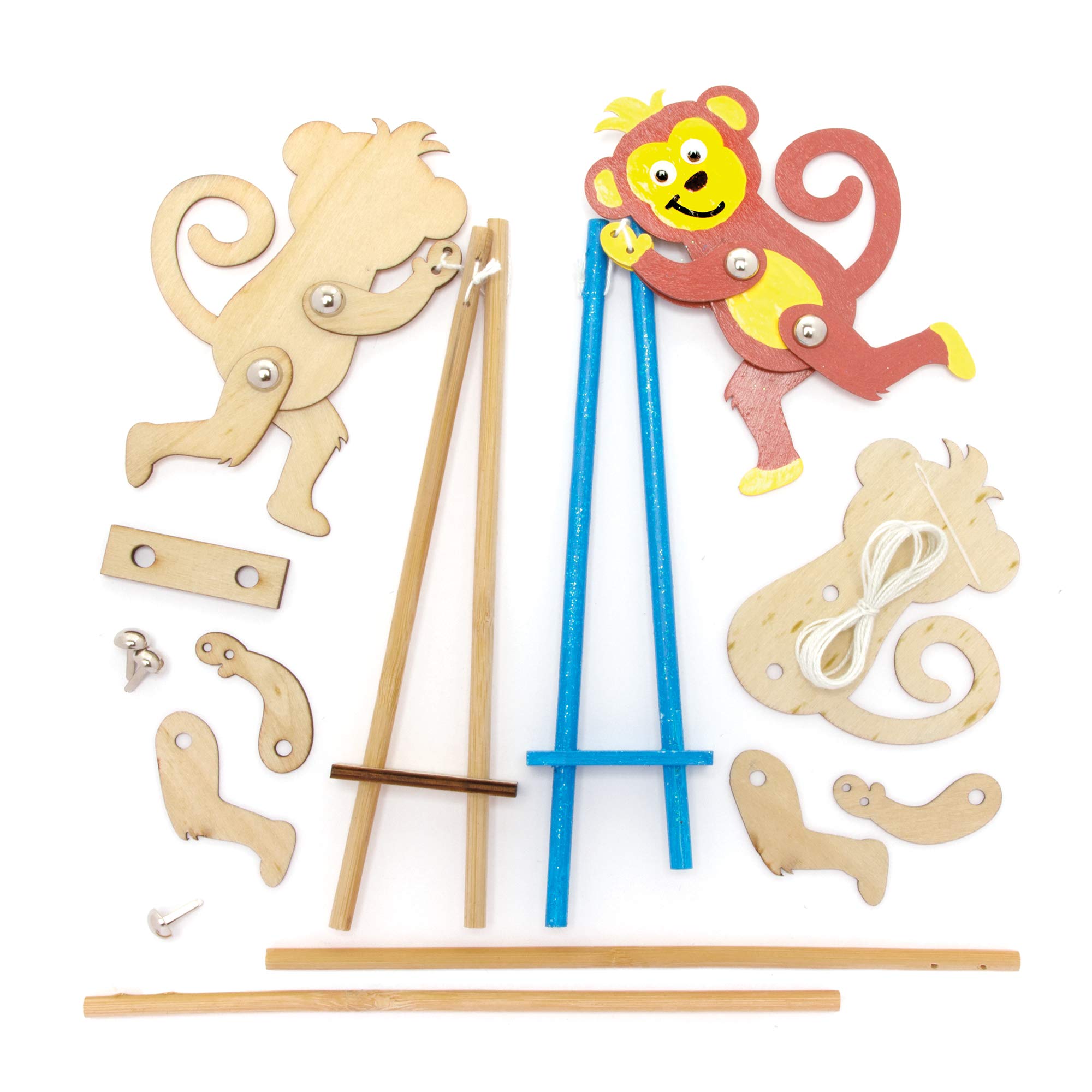 Baker Ross FE200 Monkey Wooden Acrobat Kits - Pack of 3, Build Your Own Puppets, Puppets for Kids, Wooden Model Kit