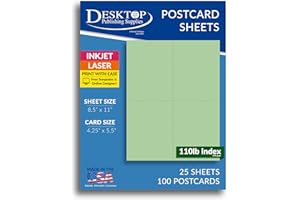 Blank Colored 4-up Postcard Paper by Desktop Publishing Supplies - 25 Sheets / 100 Postcards Pack - Printable with Laser or Inkjet Printer - Plain Matte Cardstock (Plain Green)