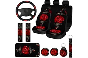 Tallew 15 Pcs Rose Flower Car Seat Covers Set for Women, Universal Full Set with Rubber Steering Wheel, Armrest, Seatbelt Covers, Front, Rear Backrest, Bottom, Polyester Fabric(Red)