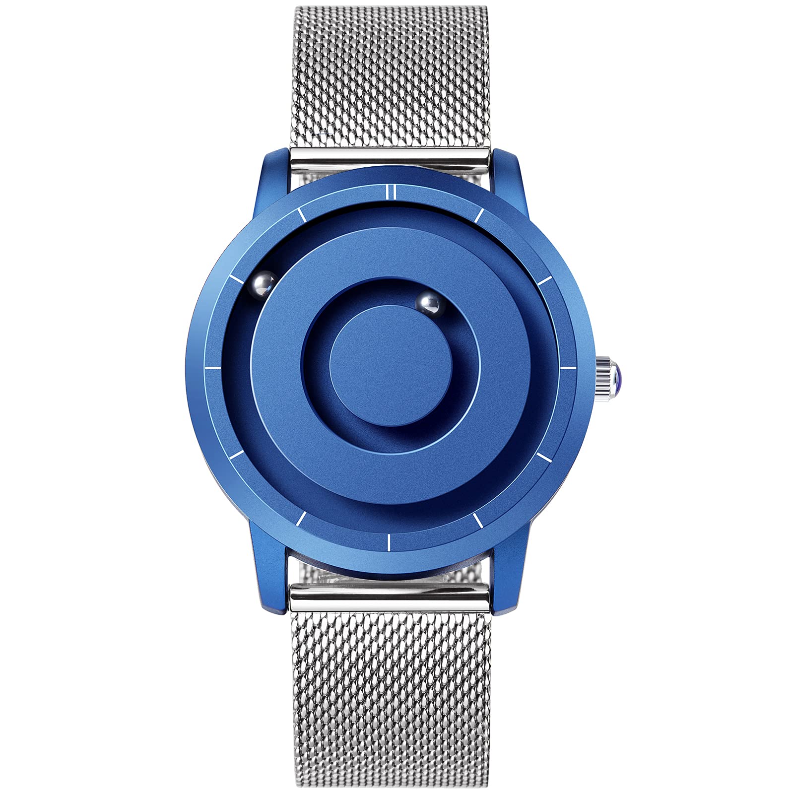 EUTOUR Magnetic Mens Watches No Glass Ball Bearing Minimalist Quartz Wrist Watch for Men with Silver Mesh Stainless Steel Mesh Strap 40 mm Blue