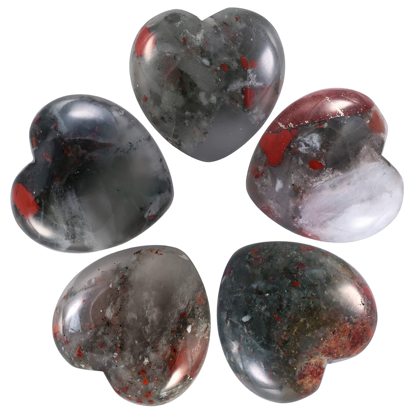 Nupuyai 5pcs Africa Bloodstone Crystal Heart Love Palm Worry Stone for Chakra Reiki Healing, Carved Stone for Home Decoration 2.5cm — image 1