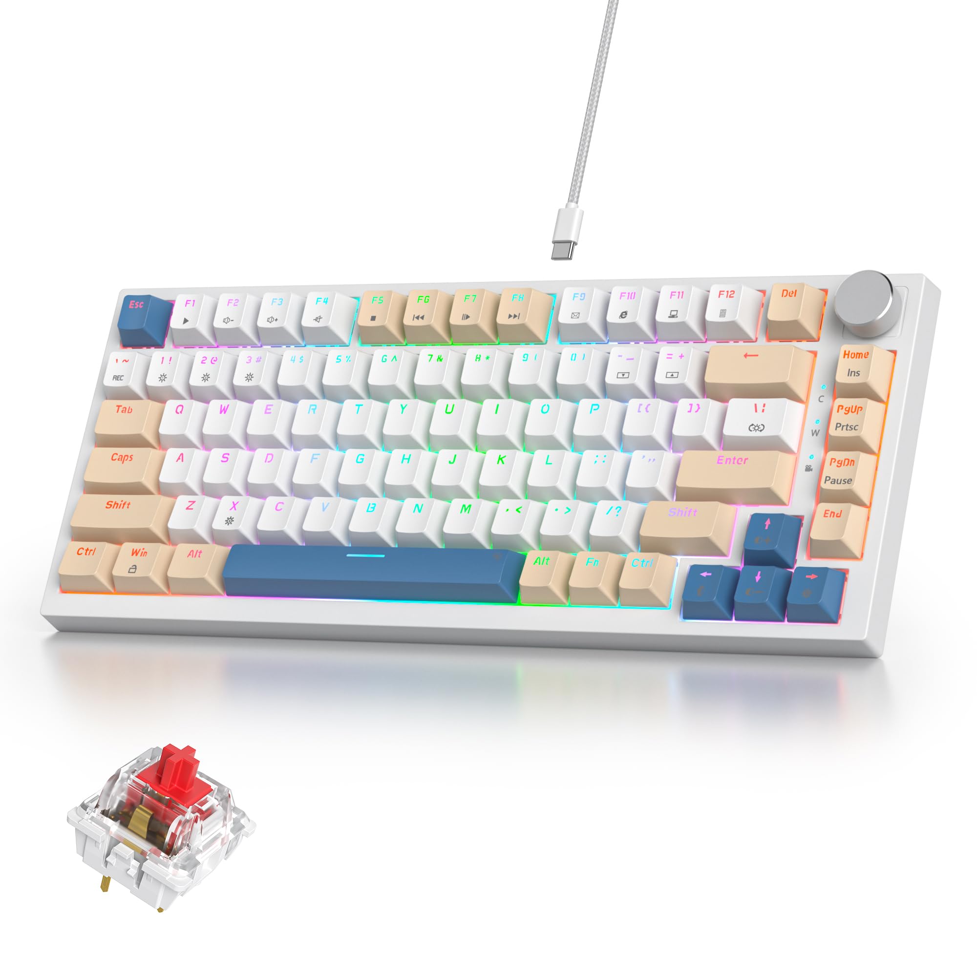 iRoboosta 75% Mechanical Creamy Keyboard with Volumn Knob, Gasket Hot Swappable RGB Gaming Keyboard, Wired Custom Keyboard with Red Switch, 82 Keys Compact Creamy White