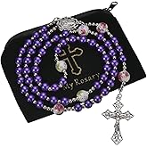 8mm Purple Pearl Beads Catholic Rosary Glass Beaded Acrylic String Necklace White Ceramics Bead Rosary Miraculous Medal Crucifix Cross Gift for Women Girls