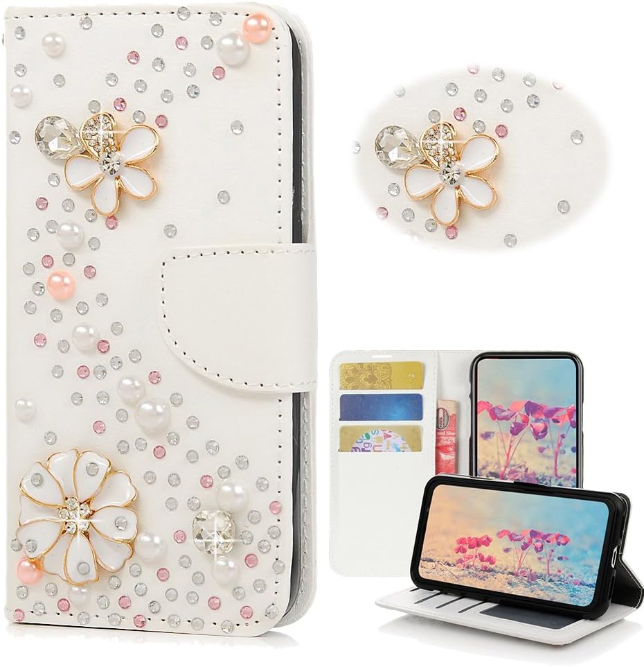 STENES BlackBerry KEY2 LE Case - Stylish - 3D Handmade Bling Crystal S-Link Flowers Design Magnetic Wallet Credit Card Slots Fold Stand Leather Cover for BlackBerry KEY2 LE - White