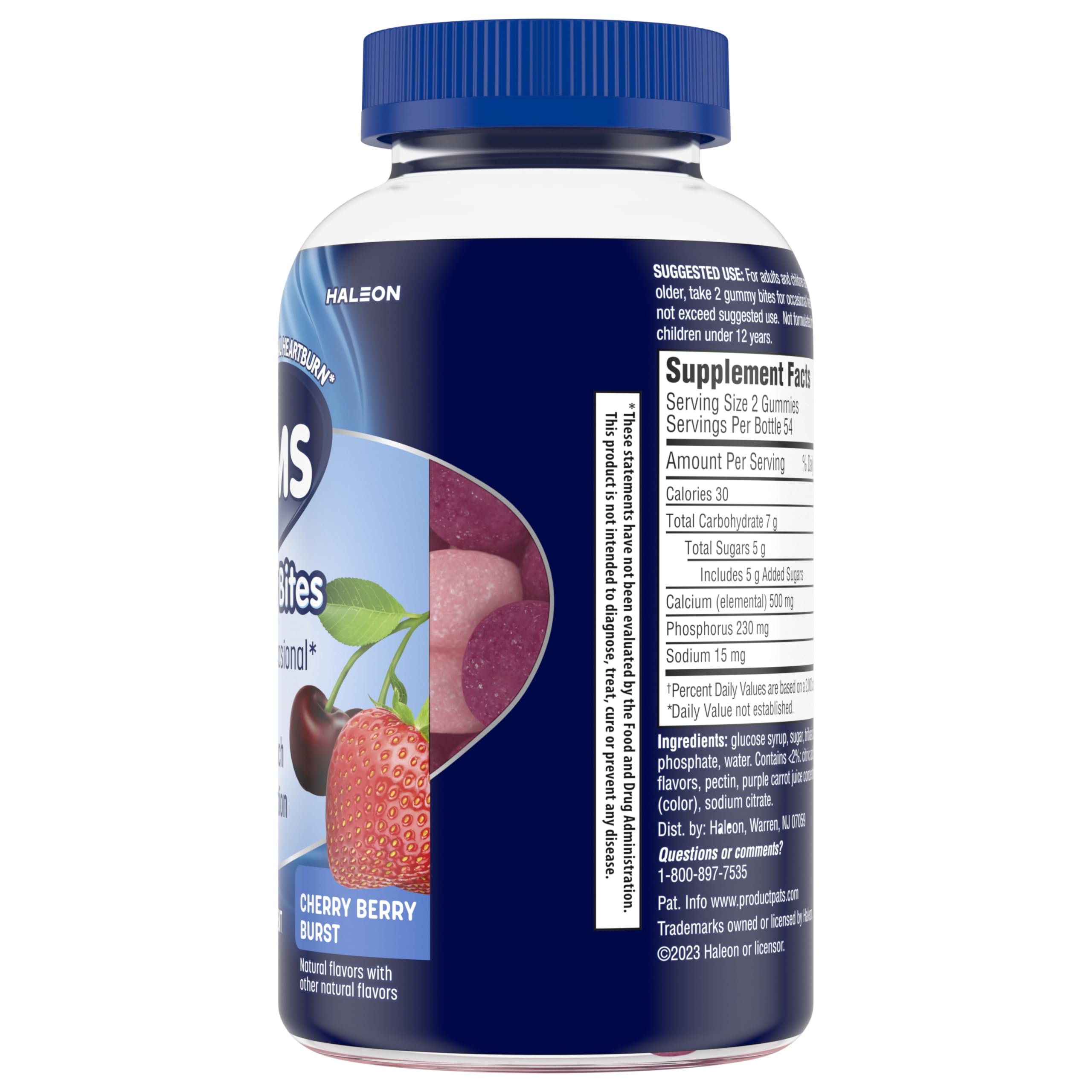 TUMS Gummy Bites Dietary Supplement for Occasional Heartburn Relief, Upset Stomach and Acid Indigestion, Great for a Summer BBQ - Cherry Berry Burst - 108 Count