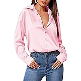 HOTOUCH Women Satin Silk Button Down Shirt Ladies Long Sleeve Tops V Neck Loose Blouse Dressy Business Casual Work Tunic Fall