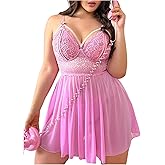 OYOANGLE Women's Plus Size 2 Piece Lingerie Set Lace Sheer Underwire Ruffle Chemise and Thongs V Neck Sleepwear