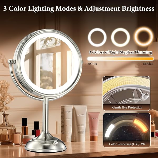 PROFESSIONAL 8.5″ LARGE LIGHTED MAKEUP MIRROR WITH BRIGHTER LIGHTS, 1X/10X TRUE HD MAGNIFYING MIRROR WITH 3 COLOR DIMMABLE LIGHTS, 90 SHADOWLESS LEDS, 360°SWIVEL SEAMLESS VANITY MIRROR, PEARL NICKEL