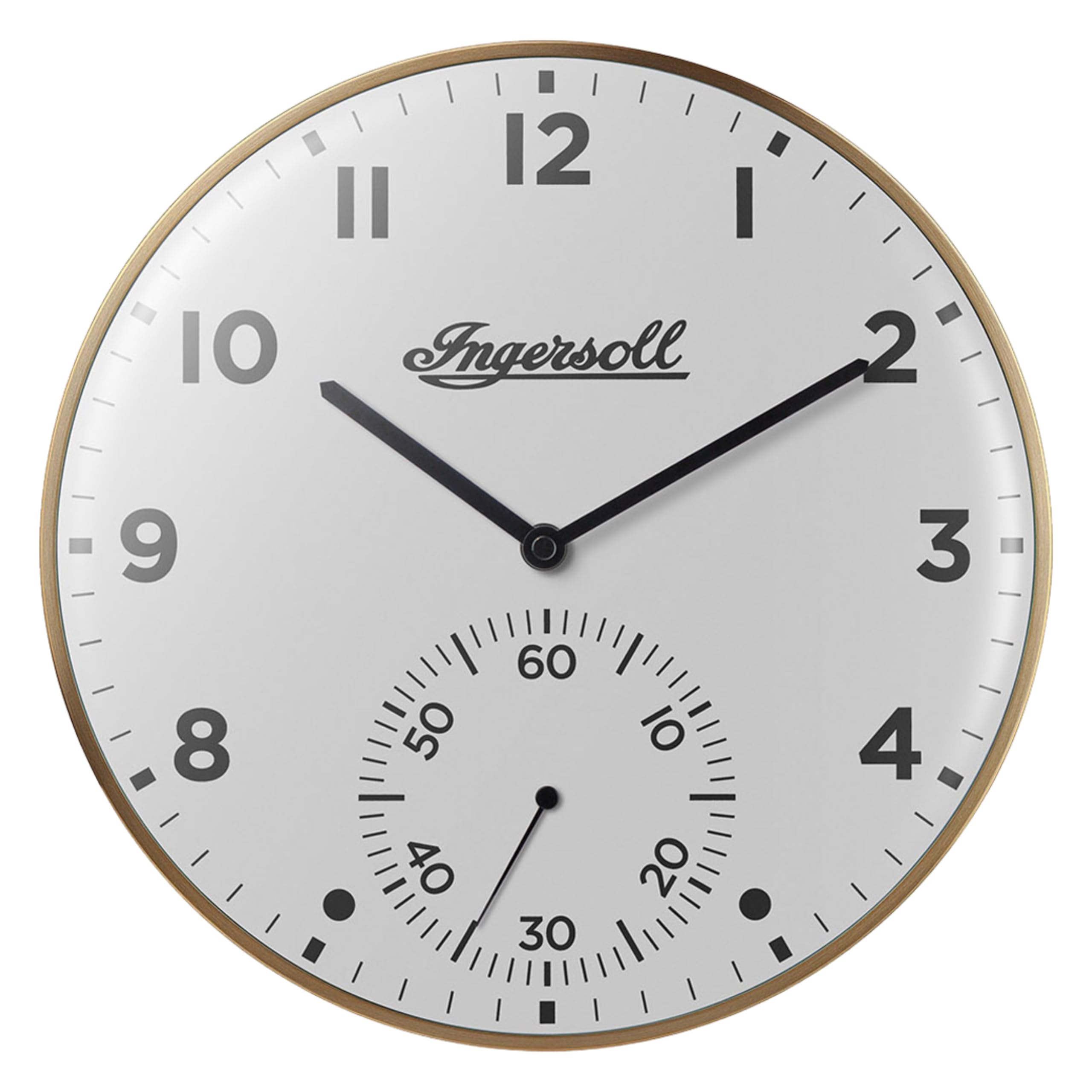 Ingersoll Analogue Wall Clock, Easy To Read, 30cm Diameter in Gold colour case with White Dial