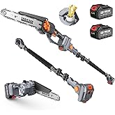 TaskStar 2-in-1 Pole Saw for Tree Trimming, 8-Inch Cordless Brushless Chainsaw with Adjustable Extension Pole, 2×4.0Ah Rechargeable Batteries & Charger, Auto Oiling, 15 Ft Max Reach
