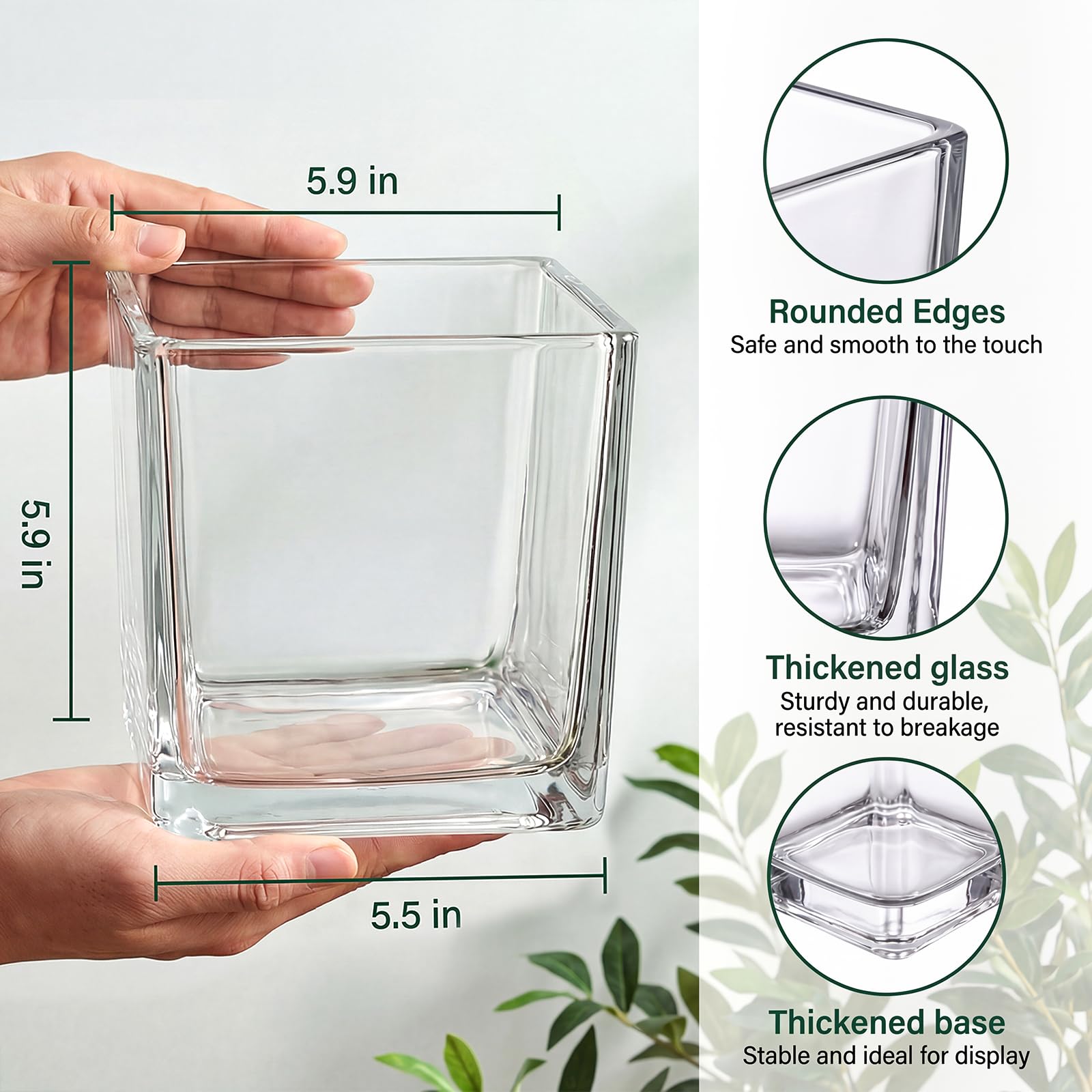 Condition photo showing New/Like New for 4 pack square glass vase 6" x 6" x 6", clear flower vase for centerpieces,plant terrarium, floating
