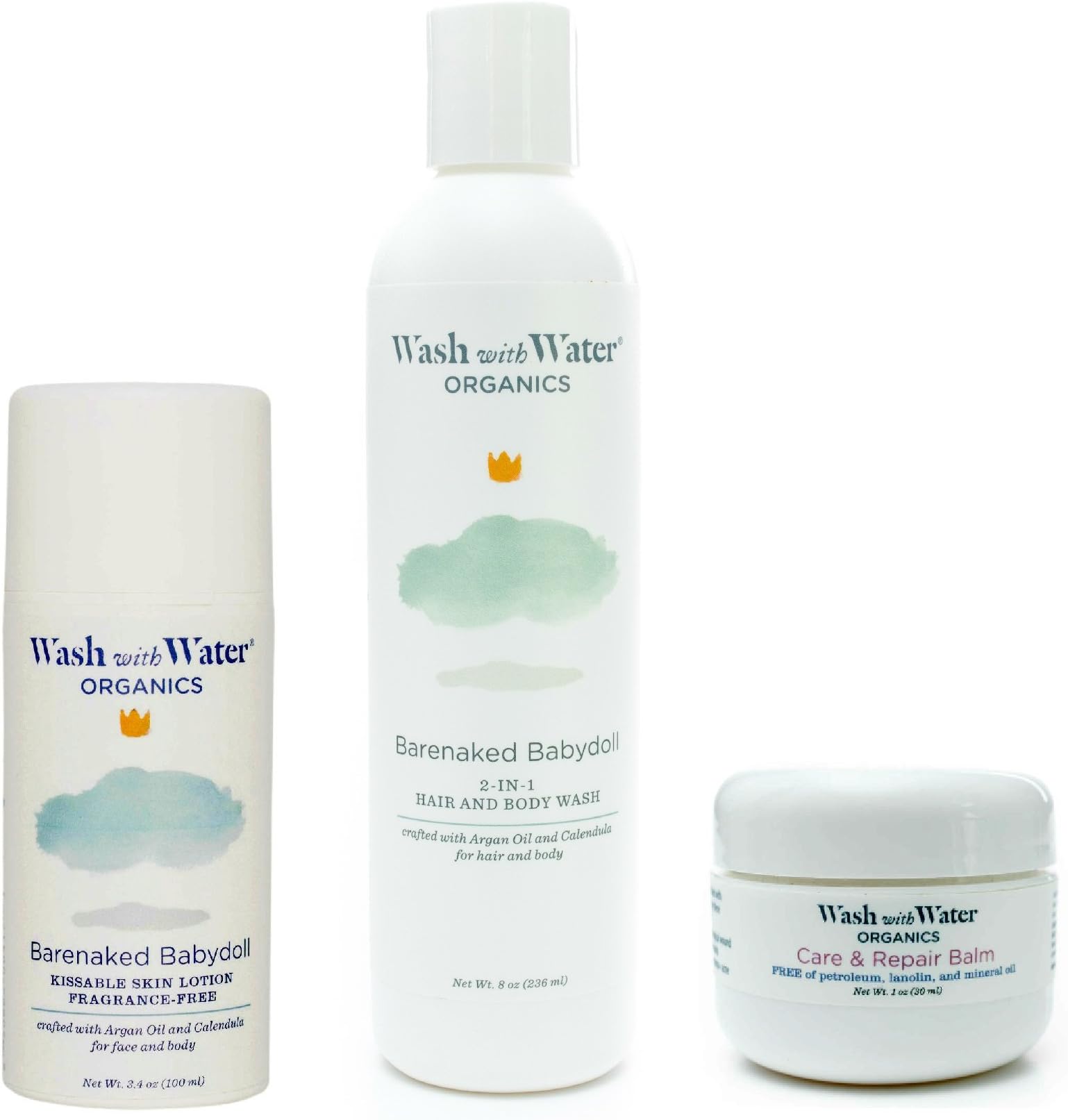 Wash with Water All Natural Organic Skin Care Bundle for Eczema, Cradle Cap + Sensitive Skin - 8oz Unscented Shampoo + Body Wash, 1oz Care and Repair Balm + 3.4oz Unscented Lotion