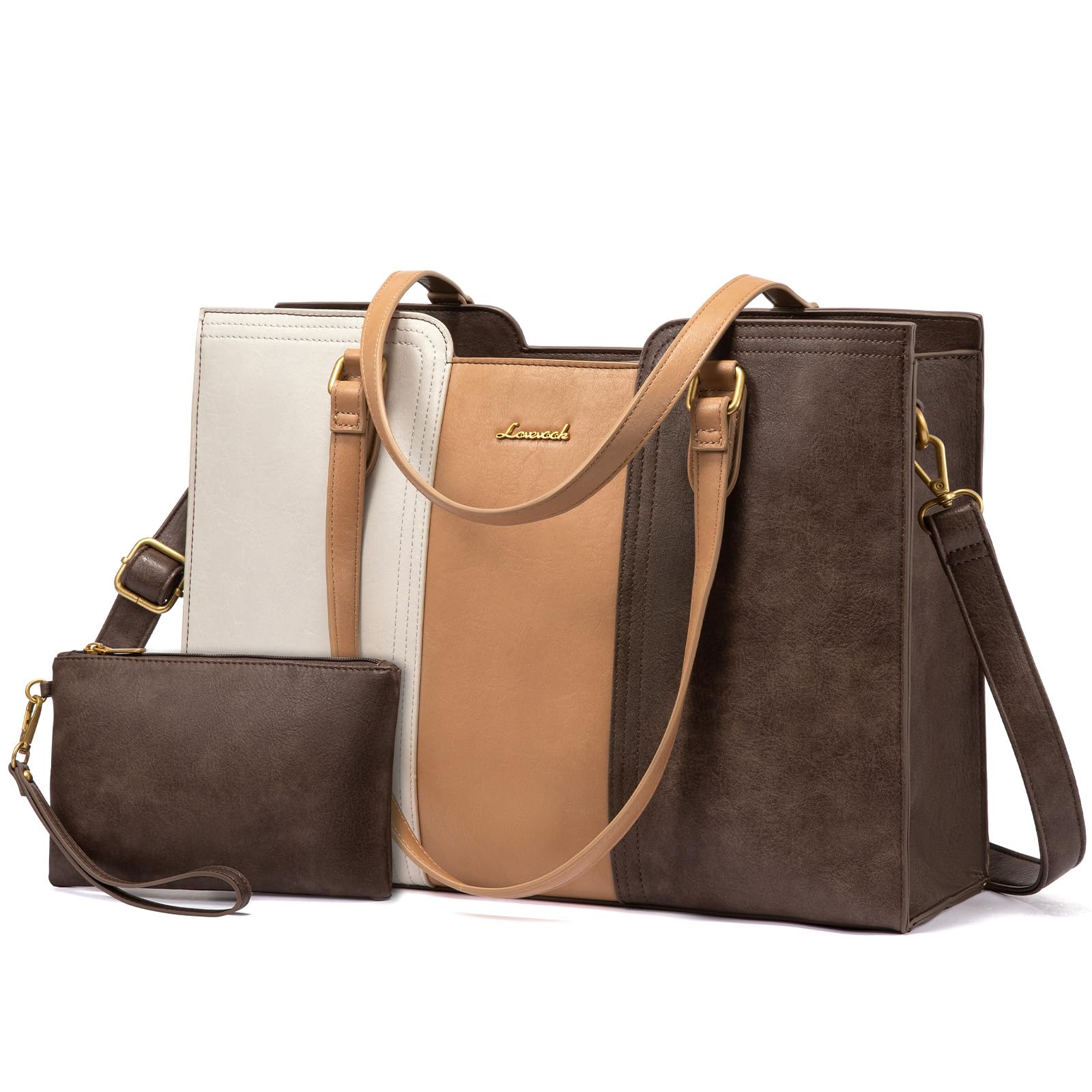 Photo 1 of LOVEVOOK 15.6 Inch Laptop Bag for Women - Waterproof Work Bag for Women & Vintage Laptop Tote Bag with Wristlet, Beige/Coffee