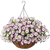 Homsunny Artificial Hanging Flowers in Basket,12 inch Silk Flower Coconut Lining Hanging Baskets,Fake Hanging Plants in for Outdoors Courtyard Decor(Light Purple)