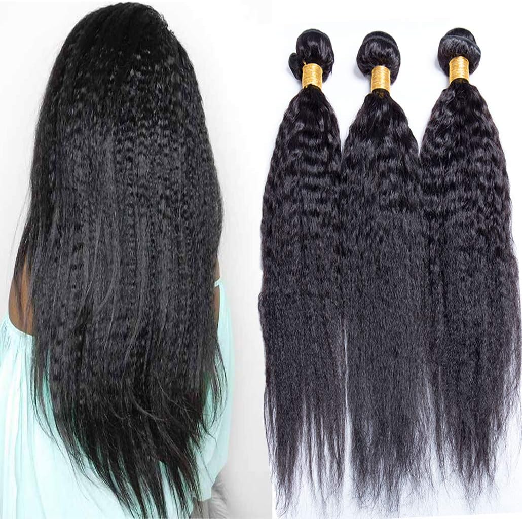 10A Kinky Straight Human Hair Bundles Yaki Straight Human Hair Weave Bundles 100% Unprocessed Brazilian yaki Human Hair Bundles Sew in Hair Extensions Natural Black (16.16.16)