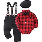 YALLET Baby Boy Clothes Set Infant Tuxedo Long Sleeve Gentleman Suit Outfits + Beret Hat + Suspender Pants + Bowtie 0-18M
