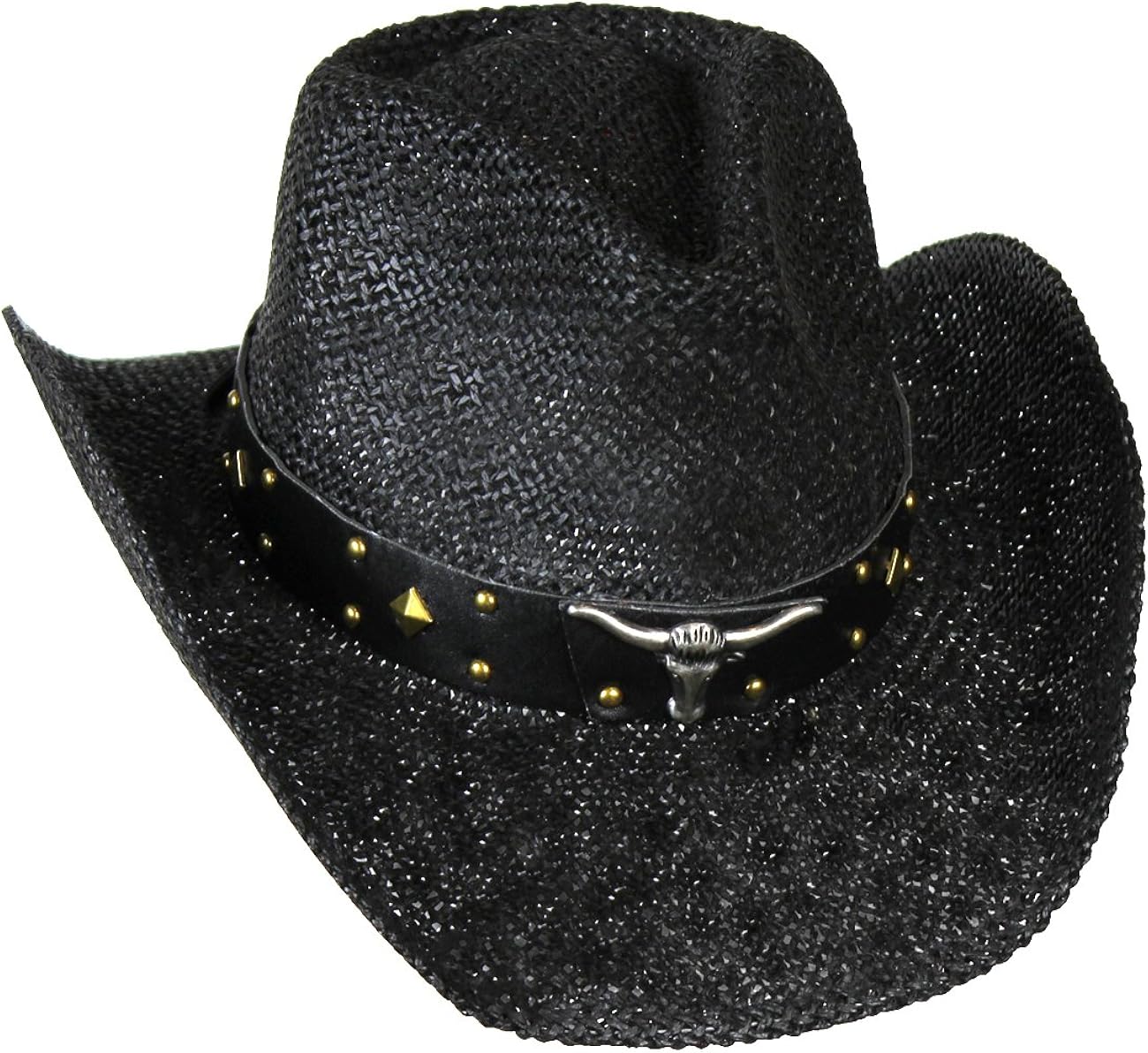 Vamuss Shapeable Black Straw Cowboy Hat w/Longhorn Texas Band, Western