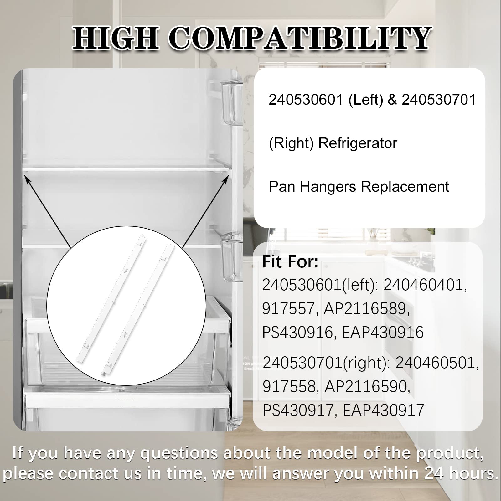 240530601 (Left) & 240530701 (Right) Refrigerator Pan Hangers Replacement, Drawer Slide Support Rail Fit for Frigi-daire and Ken-more Refrigerators Replaces# 240460401 240460501