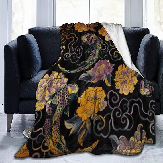 COFEIYISI Luxury Throw Blanket,Japanese Asian Flowers And Koi