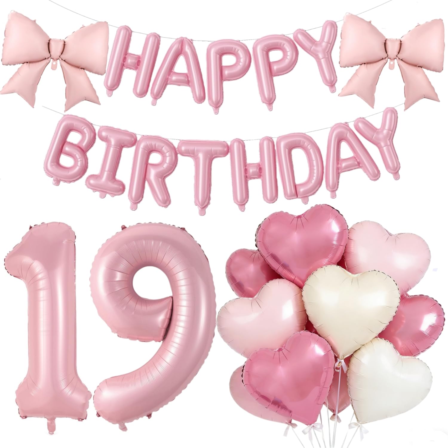 Pink Happy 19th Birthday Decorations, Large 10 Number Foil Balloon 21 Inch Pink Bow 16 Inch Happy Birthday Letter Balloons Banner with 18 Inch Heart Balloons for Girls Party — image 1
