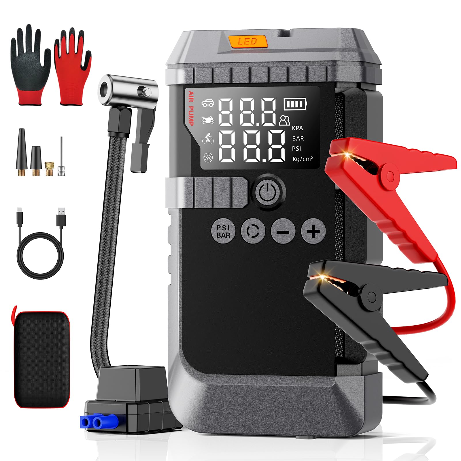 Photo 1 of 6000A Jump Starter with 160PSI Air Compressor, 12V Portable Car Jumper Starter (All Gas/12L Diesel), Jump Box with Jump Clamps, LCD Screen, Gloves, Emergency Light