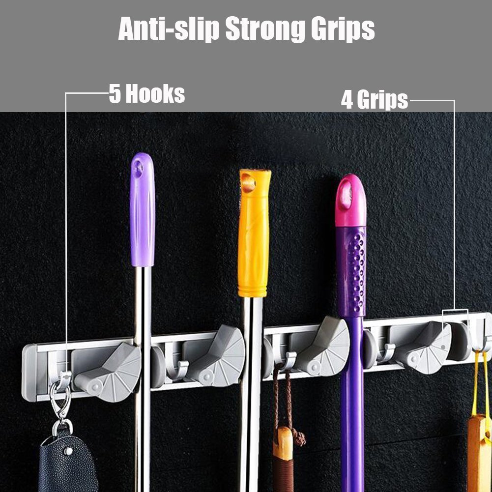 Multi-functional Mop Rack Senior Aluminum Clip On Broom Holder and Garden Tool Organizer for Rake or Mop Handles and Many Handy Tools 9 in 1 (Silver and Gray)