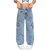 SweatyRocks Girl's Baggy Jeans Elastic High Waisted Straight Denim Pants with Pockets