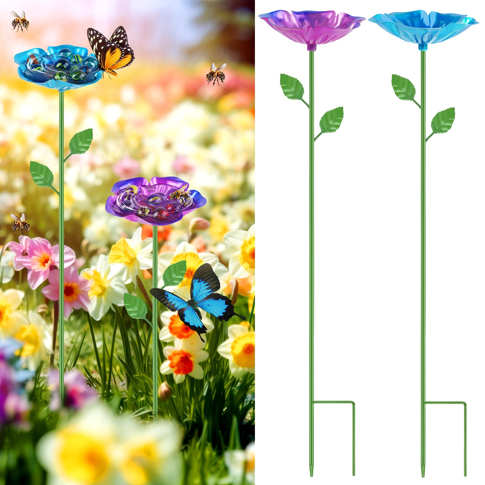 Photo 1 of 2 Pack Bee Watering Station, Metal Bee Feeder with Glass Marbles, Flower Shape Bee Butterfly Watering Station Bee Waterer Bee Water Catcher Cups for Outdoor Garden Courtyard Decor