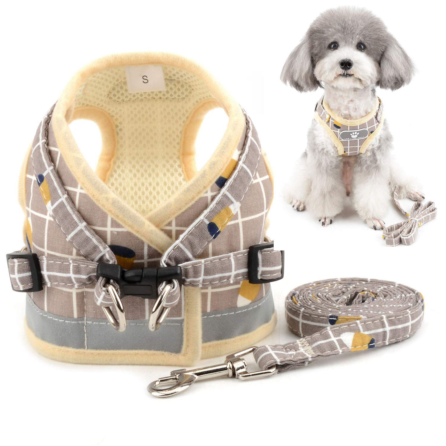Zunea No Pull Small Dog Harness and Lead Set Adjustable Reflective Step-in Chihuahua Vest Harnesses Mesh Padded Plaid Escape Proof Puppy Jacket for Boy Girl Pet Dogs Cats Khaki S