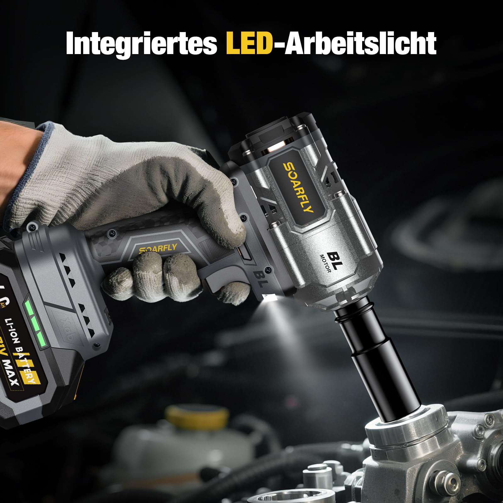 SoarFly Akku Schlagschrauber, 1200 Nm (900 FT-LBS), 1/2-Zoll-Schlagschrauber mit hohem Drehmoment, bürstenloser Motor, 2x4.0Ah Akku, 3 Geschwindigkeitsstufen, für Reifenwechsel und Kfz-Wartung 6