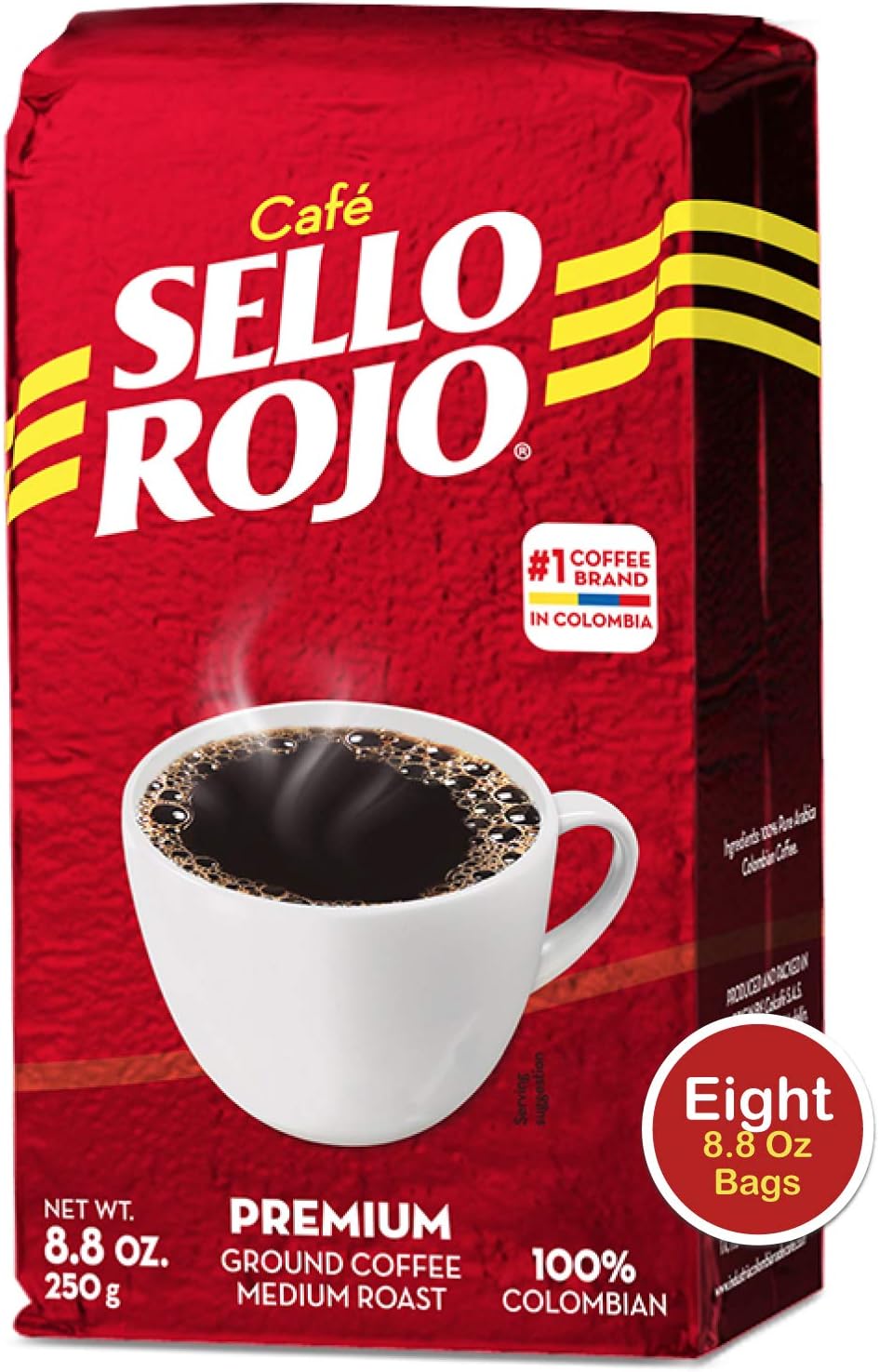Café Sello Rojo Premium Colombian Coffee | Medium Roast Premium Ground Coffee Bricks | Café de Colombia | 8.8 Ounce (Pack of 8)