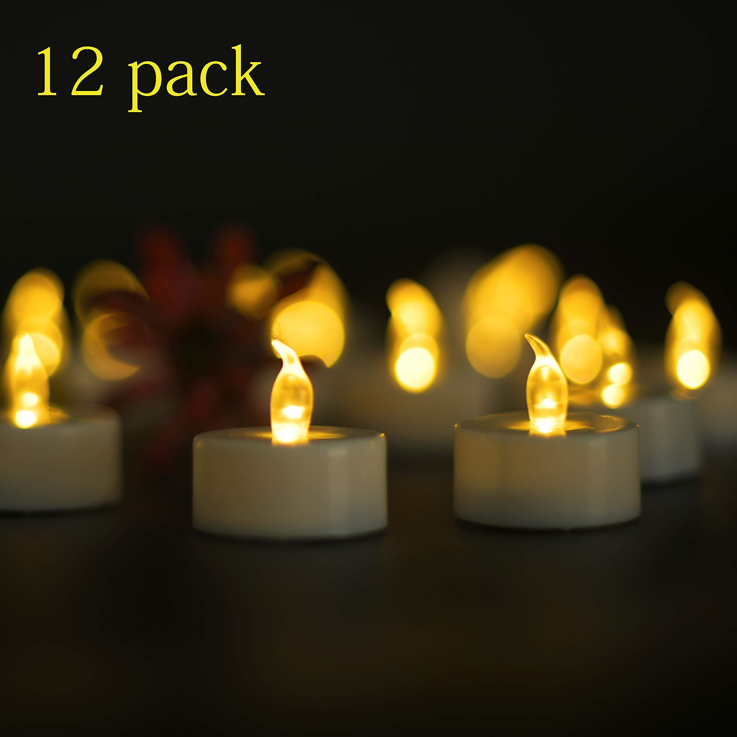 OSHINE 12-Pack Flameless Tea Lights LED Tea Lights Candles, Flickering Tea Candles Battery Included as Halloween Lights, Pumpkin Decoration, Holiday, Garden, Wedding, Party, Home Decor(Warm Yellow)