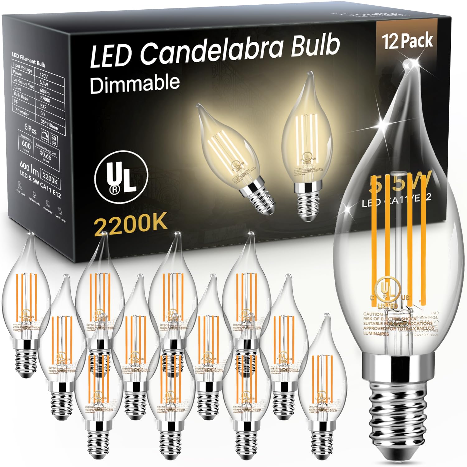 TJOY E12 LED Candelabra Bulb Dimmable, 60W Equivalent LED Chandelier Light Bulbs, 5.5W 2200k Amber Warm White 600LM CA11 Flame Tip Vintage Filament Candle Light, 12 Pack Image