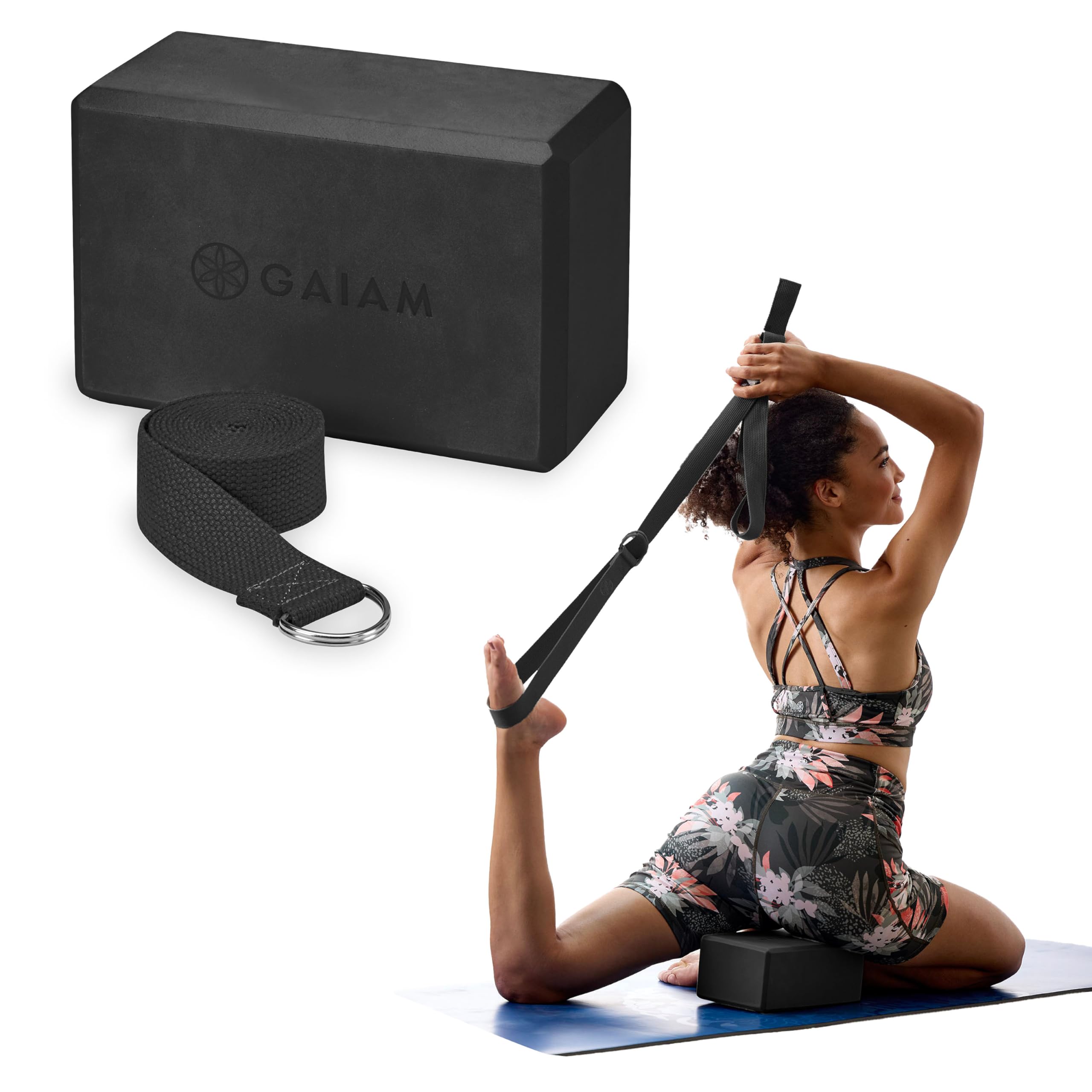 Gaiam Yoga Block & Strap Combo Set - Yoga Block with Strap, Pilates & Yoga Props for Stability, Balance & Optimal Alignment