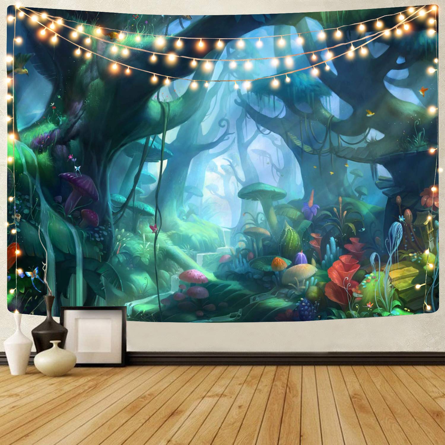 Sportbull Fairy Forest Tapestry, Cartoons Fantasy Plant 3D Graphic Printing Wall Poster Mushroom Tapestries Wall Hanging For Bedroom Living Room Dorm (51.2H x 59.1W,green)