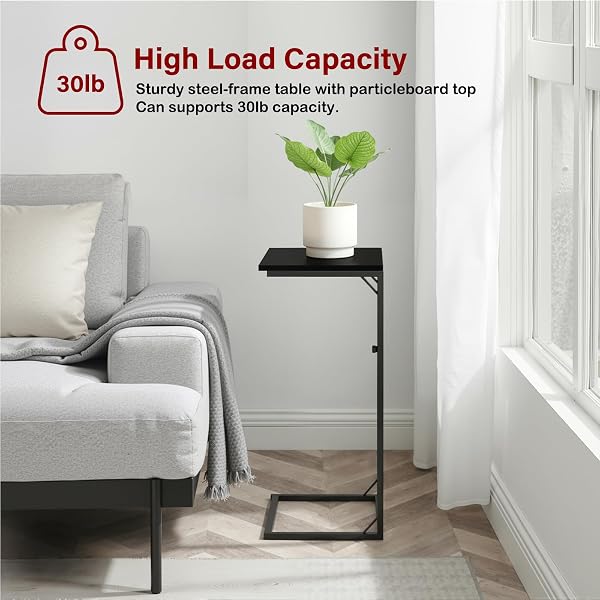 WEGXY C-SHAPED END TABLE, SMALL SIDE TABLE FOR COUCH WITH STURDY METAL FRAME, MULTI-FUNCTIONAL SOFA TABLE FOR LIVING ROOM, BEDROOM, BEDSIDE, NIGHTSTAND, COMPACT ACCENT TABLE – BLACK
