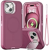 Follaroma for iPhone 15 Case with Stand & Built-in Camera Cover, MagSafe Compatible, Heavy-Duty Shockproof Protection, Magnetic & Rugged Phone Cover for iPhone 15 6.1'', Purple-Pink