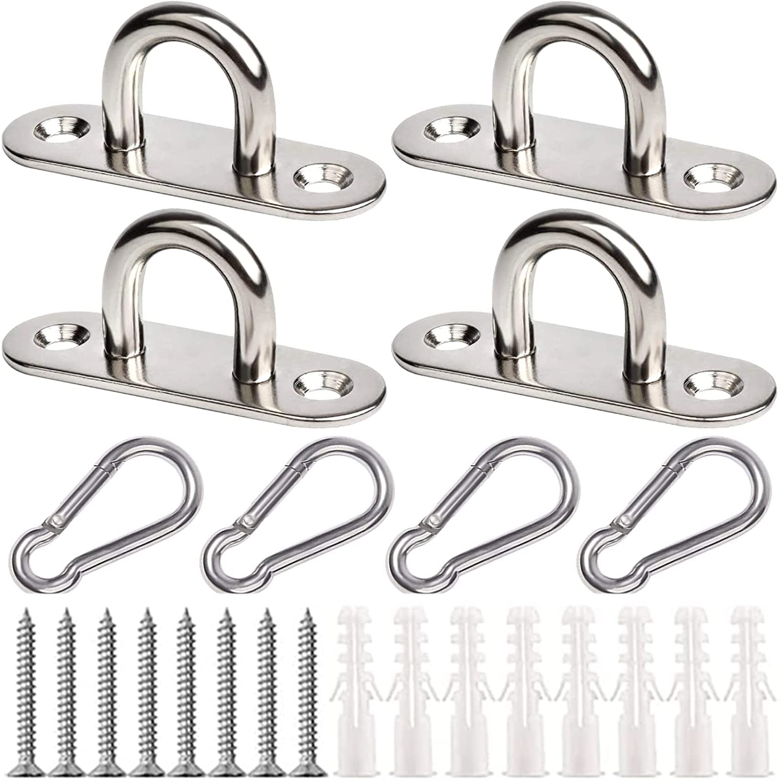 EGGMARCH 4 Set M6 Pad Eye Plate and Carabiner Clips, Stainless Steel Oblong Eye Plate Metal Staple Ring Hook Suspension Ceiling Hooks with Screws and Plastic Plugs for Training Straps,Shade Sails
